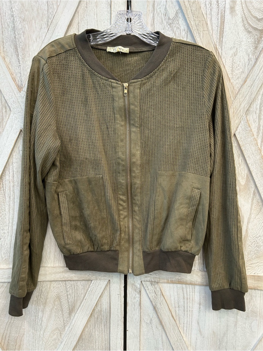 Alythea Olive Bomber Jacket with Perforated Suede Panels